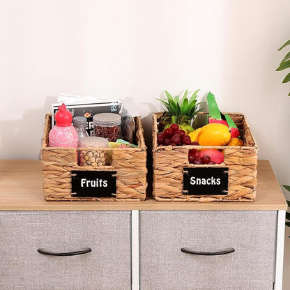 Set of 2 Water Hyacinth Storage Baskets 11x9x4.9inch Collapsible Wicker basket with Chalkboard Labels and Chalk Marker Rectangular Woven Storage Bin Organizers for Kitchen Shelves
