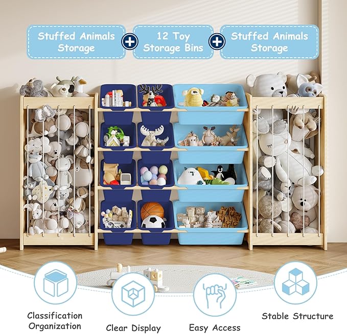 Large Toy Storage Organizer, Wooden Stuffed Animal Storage & 12-Bins Toy Organizer, Double-Sided Plush Toy Holder Featuring Thicker Ropes, Space Save Playroom Nursery Bedroom Storage, Blue