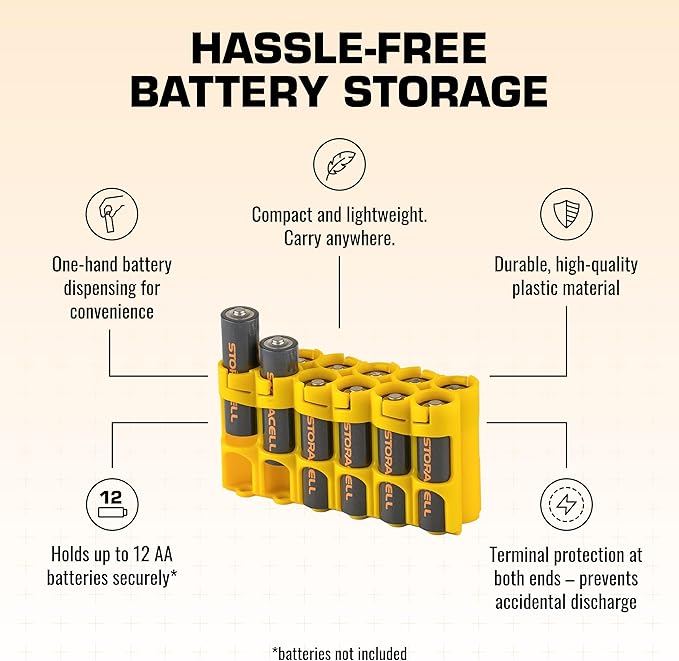 Storacell by Powerpax AA Battery Storage Caddy, Yellow, Holds 12 Batteries (Not Included)