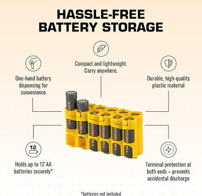 Storacell by Powerpax AA Battery Storage Caddy, Yellow, Holds 12 Batteries (Not Included)