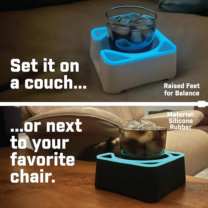 MugBrick Spill-Proof Mug Holder and Desk Organizer. Non-Tip Coffee Cup Holder with Pockets for Pens and Small Remotes. Ideal for Bed, Desktop or Couch, Gift for Coffee Drinkers, Black + Yellow Glow