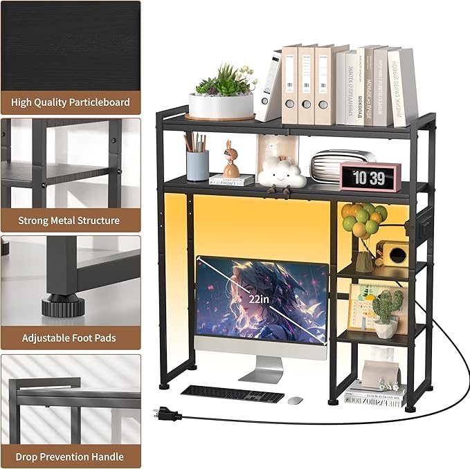 Aetheris Desktop Organizer Shelf, 30" Wooden Office Storage Rack with Outlets, Display Shelf Rack with Light Strip, 5 Tier Desktop Display Rac, Desk Shelf, Desk Hutch for Computer Monitor (Black)