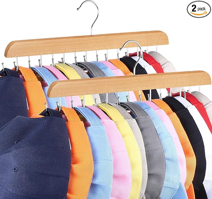 Hat Hangers for Closet, 2 Pack Hat Organizer for Baseball Caps with 14 Hooks Space Saving Hat Racks Ball Caps Hat Holder Organizer Tie Belt Hanger for Closet Storage Solution (Wood)