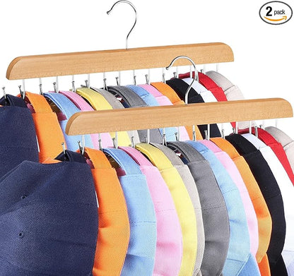 Hat Hangers for Closet, 2 Pack Hat Organizer for Baseball Caps with 14 Hooks Space Saving Hat Racks Ball Caps Hat Holder Organizer Tie Belt Hanger for Closet Storage Solution (Wood)