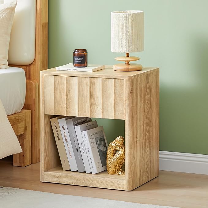 Bifins Fluted Dresser, Small Nightstands Set of 2, Natural Bedside Table with Drawer and Storage, Mid Century Modern Side Table for Bedroom Sofa
