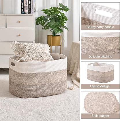 Extra Large Blanket Basket Living Room, Rectangle Storage Basket, Large Woven Baskets for Storage, Cotton Rope Basket for Toys, Clothes, Gradient Brown - 25”x16”x16” (105L)