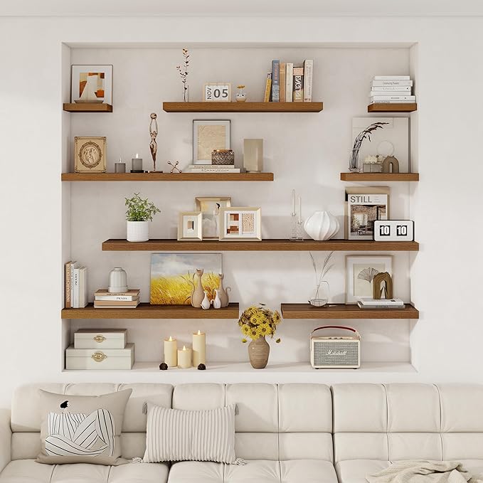 Fun Memories Walnut Deep Floating Shelves, 72 x 12 Inch Long Wall Shelves, Large Display Shelf & Storage Shelf, Wood Floating Wall Shelves for Fireplace Mantel, Living Room, Home Office - Set of 2