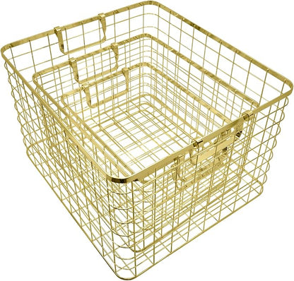 Set of 3 Nested Wire Basket Trays for Storage and Organizing (Gold)