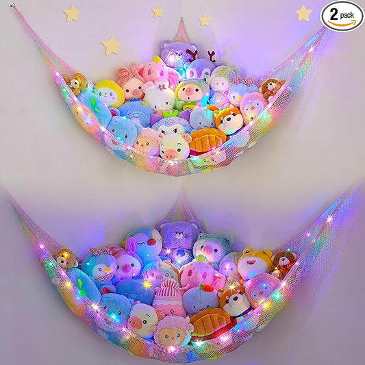 Unicorn Castle Stuffed Animals Net or Hammock Kids Toy Storage Organizer with LED Light Hanging Corner Stuffed Animals Holder Kids Girls Room Decor,Rainbow-A,Large (Pack of 2)