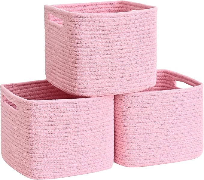 3 Pack Cube Storage Bin, 9”x9”x7” Cotton Rope Woven Baskets for Organizing Toys Clothes Towels, Square Gift Storage Baskets for Shelf, Nursery, Closet, Bathroom, Pantry (Pink)