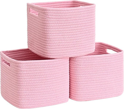3 Pack Cube Storage Bin, 9”x9”x7” Cotton Rope Woven Baskets for Organizing Toys Clothes Towels, Square Gift Storage Baskets for Shelf, Nursery, Closet, Bathroom, Pantry (Pink)