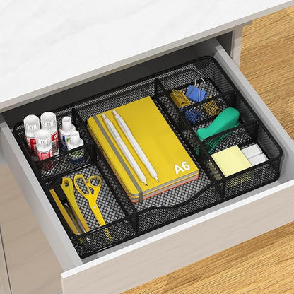 VyGrow Desk Drawer Organizer Tray, Metal Mesh Drawer Organizer for Office & Home, 6 Adjustable Compartments, Black, 2 Pack - 12.87x8.73x1.96 inch