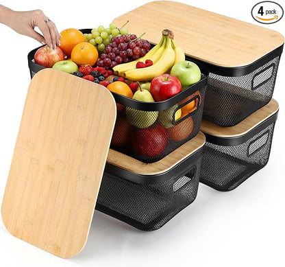 Sawysine 4 Pcs Metal Mesh Steel Basket with Handles and Bamboo Lids 16 x 9.8 '' Stackable Black Wire Basket Pantry Organization and Storage for Cabinets Shelves Kitchen Harvest