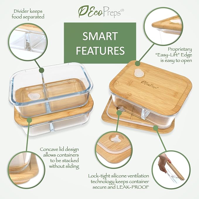 EcoPreps Glass Meal Prep Containers with Bamboo Lids, 2 Compartment Glass Bento Box Container Set (3 Pack) | 100% Plastic Free, Eco-Friendly, Lunch Containers with Lids Made of Bamboo - Set of 3