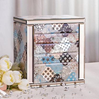 Homruilink High End Glass Jewelry Box - 5 Layer Jewelry Organizer with 2-Sided Doors and Mirror - Velvet-Lined Organizer For Ring, Necklace, Earring, Bracelet Storage - Gift For Women