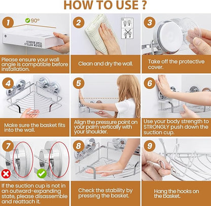 LEVERLOC 2 Pack Powerful Suction Cup Corner Shower Caddy, Stainless Steel Rustproof Shower Shelf with Hooks, Drill-Free Wall Mounted Bathroom Organizer, Large Capacity Removable Suction Basket, Silver