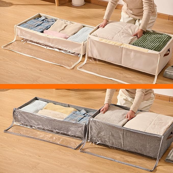 KitHero 60L Large Under Bed Storage with Wheels Pack of 2, Underbed Shoe Container Bin with Clear Lid Cover, 10.5 Inches Rolling Under Bed Drawer Storage Bag Basket for Boots Quilt Sweater - White