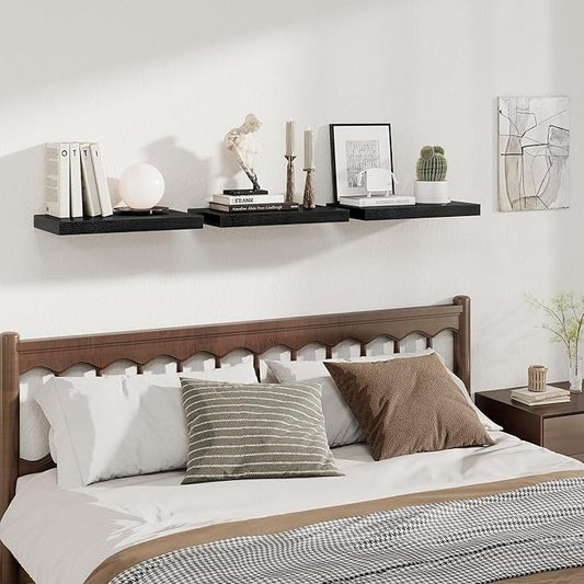 Fun Memories 12 Inch Deep Floating Shelves for Wall, 20 Inch Long Wall Mounted Storage Shelf with Invisible Brackets, 3 Pack Hanging Wood Shelf for Farmhouse, Bedroom, Kitchen, Living Room, Black