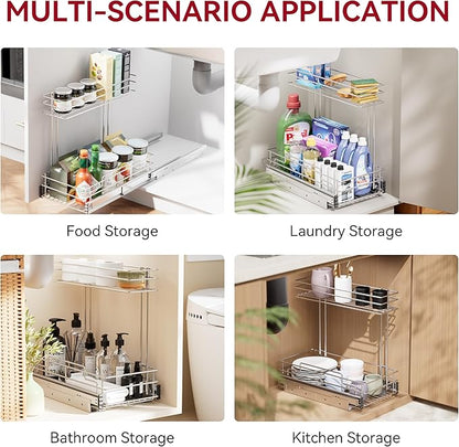 Under Sink Organizer 9" W X17 D, Pull Out Cabinet Organizer 2 Tier, Under Sink Slide Out Chrome Plated, Under Kitchen Bathroom Sink Organizer, Pantry Cabinet Closet Organization Rack, 2 Pack