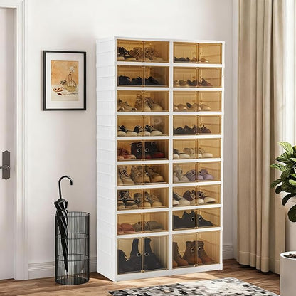 LAFORMO Folding Shoe Rack Storage Device,Large Plastic Folding Shoe Cabinet, Easy to Assemble Shoe Rack Storage Cabinet with Transparent Door Magnetic Buckle(9Tiers,36Pairs)