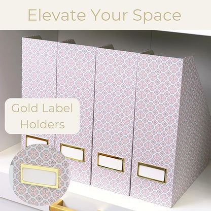 BLU MONACO | Foldable Magazine File Holder Set of 4 | Moroccan Tile Cardboard Organizers | Vertical Desk and Shelf Storage for Home Office Dorm | Decorative File Boxes