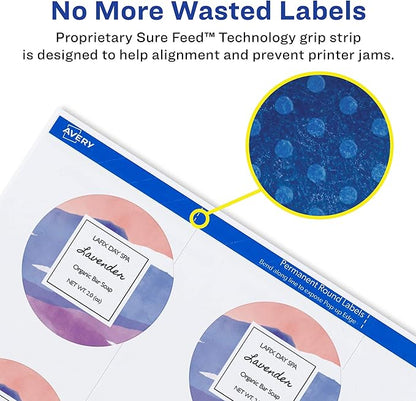 Avery Round Labels, 2" Diameter, Sure Feed Technology, Print-to-The-Edge, Easy Peel, Laser/Inkjet, Permanent, 120 Blank Circle Labels Total (22612) (Pack of 2)