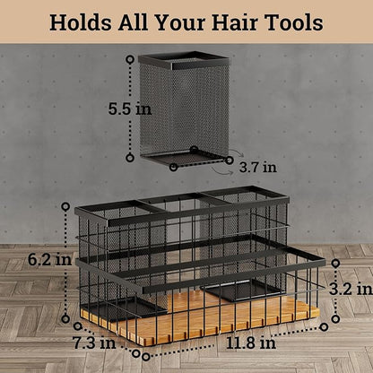 HB Design Co. Hair Tool Organizer - Countertop & Under Sink - Breathable Metal & Bamboo - Hot Hair Tools Organizer - Black