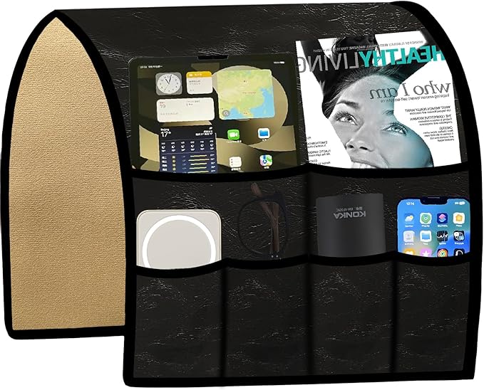 Ntomtuex PU Leather Remote Control Holder for Sofa Armrest Organizer Non-Slip Arm Chair Caddy for Recliner Sofa Caddy Storage with 6 Pockets for Glass Phone TV Remote Control Magazines, Black