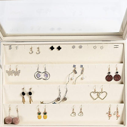Frebeauty Earring Organizer Tray with Clear Lid 64 Slots Velvet Drawer Insert Earring Storage box with Transparent Glass lid Jewelry Display Case Store Showcase Gifts for Women(Beige, Earrings)
