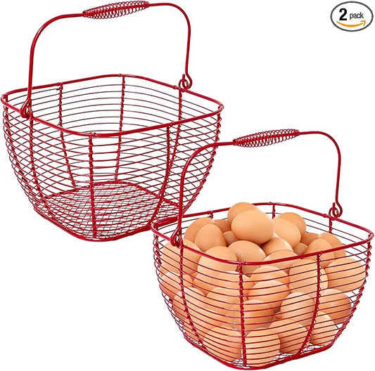 2 PCS Wire Egg Baskets for Gathering Fresh Eggs with Handle 7 Inch Red Square Metal Chicken Duck Eggs Collecting Countertop Basket Egg Holder Farmhouse Fruit Storage Container