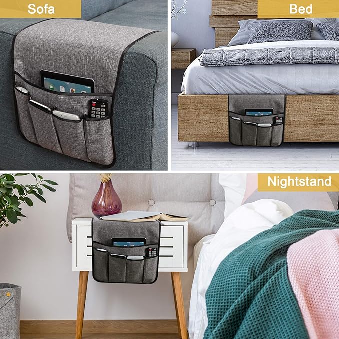 Sixyotie Sofa Armrest Organizer,Non-Slip Remote Control Holders for Recliner Couch,Chair Armchair Caddy with 5 Pockets for Table,Cell Phone,Ipad,Magazines,Books (13x35In, Lightgrey)