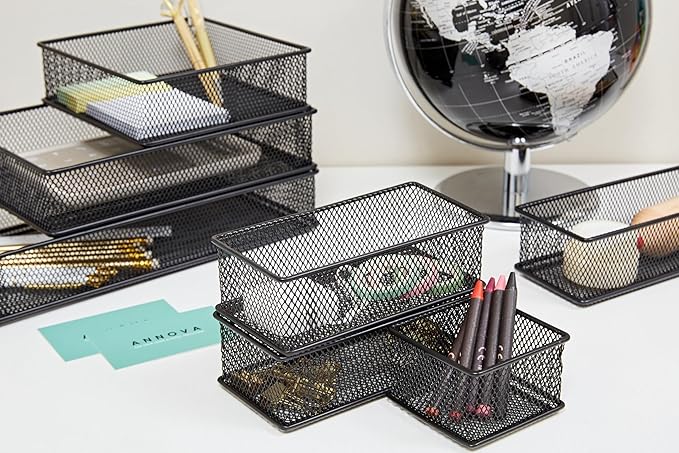 Annova Mesh Stackable Drawer Cabinet and Shelf Organizer Bins Storage Basket School Office Supply Holder Tray- Set of 2 (Black, 3x9x2 Inch)