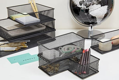 Annova Mesh Stackable Drawer Cabinet and Shelf Organizer Bins Storage Basket School Office Supply Holder Tray- Set of 2 (Black, 3x9x2 Inch)