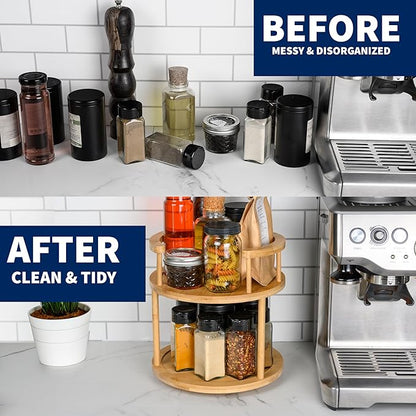 Wooden Rotating Spice Rack - 2 Tier Lazy Susan Turntable Spice Organizer for Countertop & Pantry - Portable & Space-Saving Rotating Storage Rack for Kitchen with 360° Rotating Feature