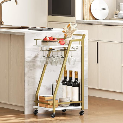 HOOBRO Bar Cart Gold, Home Bar Serving Cart, Kitchen Cart, Rolling Beverage Cart & Wine Rack and Glass Holder 2 Storage Shelves, Cocktail Cart for Home Dining Party, White and Gold DM27TC01