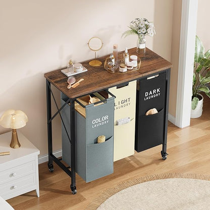 3 Section Laundry Sorter with Ironing Board, Laundry Hamper with Removable Bags, Heavy-Duty Rolling Laundry Cart with Lockable Wheels for Bathroom Bedroom