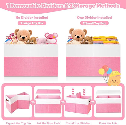 Large Toy Box, Collapsible Sturdy Storage Organize Chest Boxes With Lids, 25"x13"x16" Kids Toy Chest Bin Baskets for Living Room, Bedroom, Nursery, White & Pink