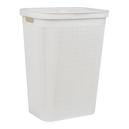 Mind Reader 60L Slim Laundry Hamper, Clothes Basket, Lid, Linen Design, Plastic, White