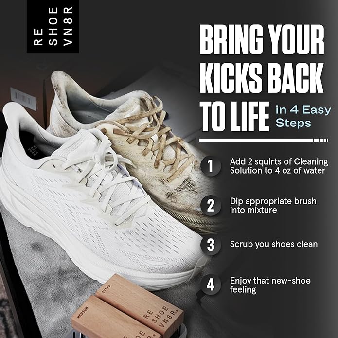 RESHOEVN8R Shoe Cleaning Solution, 8 oz - Sneaker Cleaner & Shoe Care for Canvas, Leather, Mesh, Suede, White, & Nubuck Shoes - Shoe Cleaner Sneakers Kit Solution in Easy-to-Use Bottle - 60-100 Uses