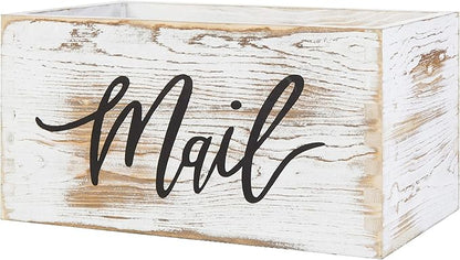 MyGift Mail Holder Storage Organizer Box Whitewashed Wood with MAIL Script Design, Desktop Letters, Bills, Notes and Postcard Bin for Home Office Dorm Room