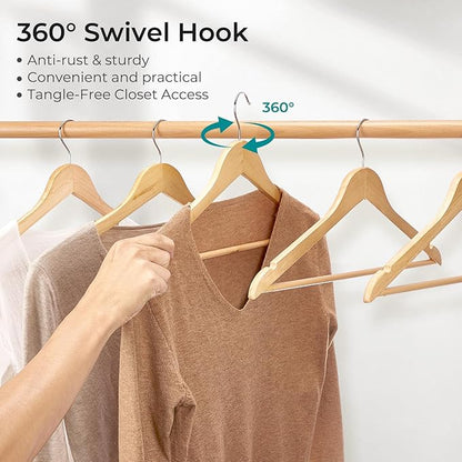HOUSE DAY Premium Wooden Coat Hangers 10 Pack, Heavy Duty Solid Wood Clothes Hangers with 360° Swivel Hook & Pant Bar for Jackets, Dress, Shirts, Natural Wood Suit Hanger for Closet Organizer