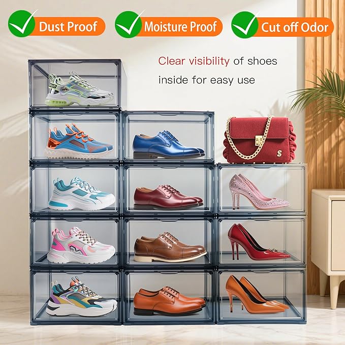 3BBYJL 12 Pack Shoe Boxes Size 13 Acrylic Shoe Organizer Clear Storage Box Plastic Stackable Sneaker Display Case with Magnetic Lids