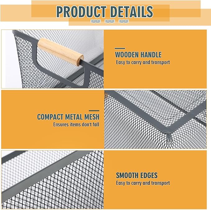 4 Pcs Metal Wire Basket with Wooden Handles Mesh Steel Storage Organizer Bin Containers for Home Organizing Cabinet Pantry Closet Kitchen Fridge Fruit Makeup Snacks Gifts(Medium,Dark Gray)