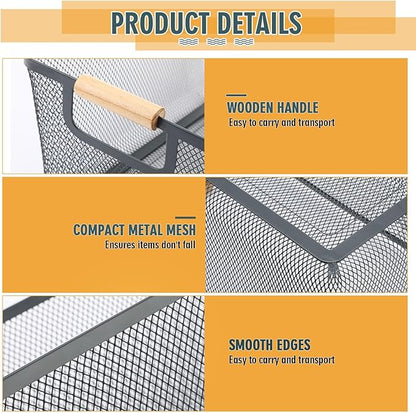 4 Pcs Metal Wire Basket with Wooden Handles Mesh Steel Storage Organizer Bin Containers for Home Organizing Cabinet Pantry Closet Kitchen Fridge Fruit Makeup Snacks Gifts(Medium,Dark Gray)