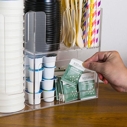 Paper Cup and Lid Holder with Straw Organizer, 6 Compartment Disposable Coffee Cup Dispenser for Countertop Coffee Bar Accessories Restaurant Breakroom, Acrylic, Clear