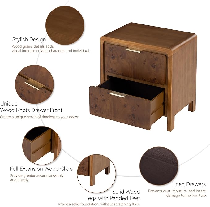 COZAYH Farmhouse Nightstand Set of 2 with 2 Drawer, Distressed Wood Rustic Accent Bedside Table, Burl Finish Side Table for Bedroom, Entryway, Fully Assembled, Brown