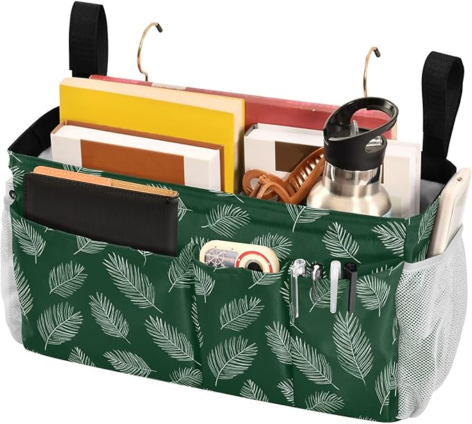 CuwrYet Bedside Caddy Hanging Bunk Bed Caddy Bed Organizer Hanging Pocket with 2 Hooks Bedside Storage Organizer Pocket Bag Holder Green Simple Palm Leaf