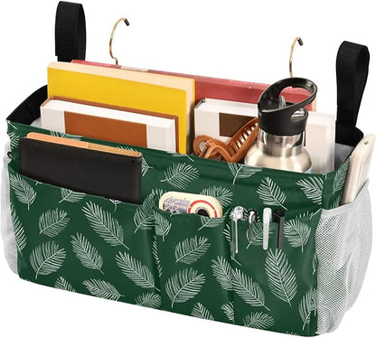 CuwrYet Bedside Caddy Hanging Bunk Bed Caddy Bed Organizer Hanging Pocket with 2 Hooks Bedside Storage Organizer Pocket Bag Holder Green Simple Palm Leaf