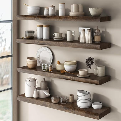 Live Edge Elm Floating Shelves for Wall Decor, Rustic Solid Wood Shevles Wall Mounted with Invisible Bracket for Living Room Bathroom Bedroom Kitchen, 24 Inch Set of 2, Walnut