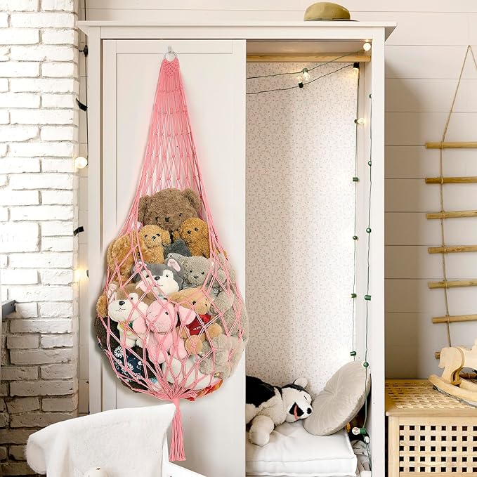 Stuffed Animal Net or Hammock Corner Hanging Net for Stuffy Animal Storage Macrame Toy Display Plush Toy Holder Wall Pet Net for Nursery Kid Bedroom Decor Playroom Organizer (Pink XL)